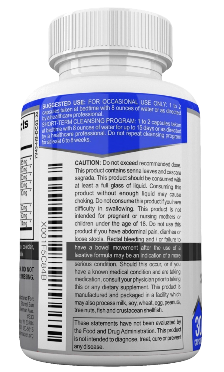 The back of a white plastic bottle of dietary supplement capsules, showing the label with blue and black text, a barcode, and a white cap.