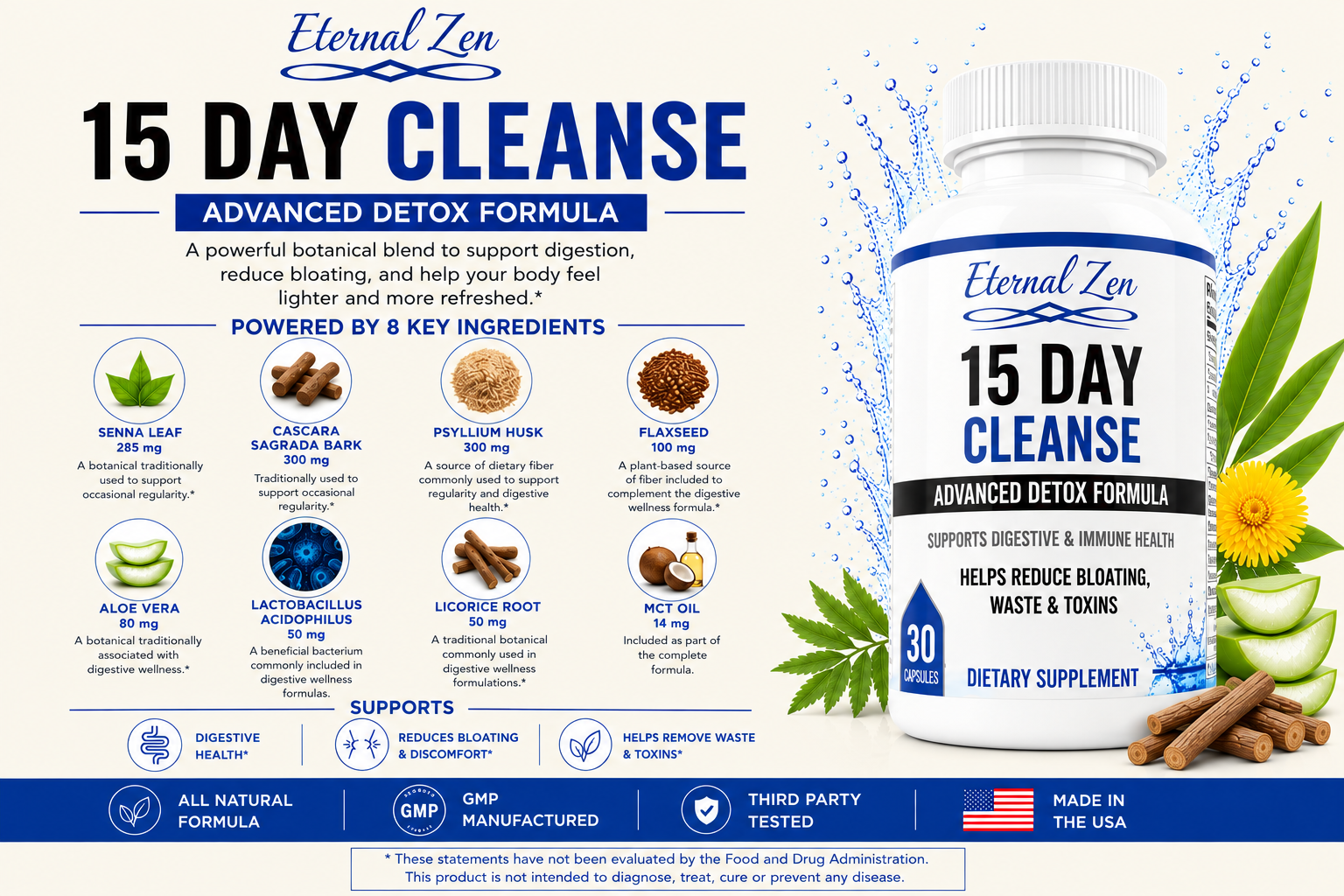 Eternal Zen 15 Day Cleanse dietary supplement bottle on a white background with ingredient illustrations and supporting text. The white bottle has blue and green labeling and is shown alongside sunflower, cinnamon, and green leaves.