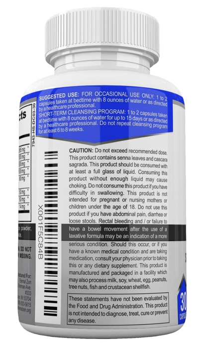 The back of a white plastic bottle of dietary supplement capsules, showing the label with blue and black text, a barcode, and a white cap.