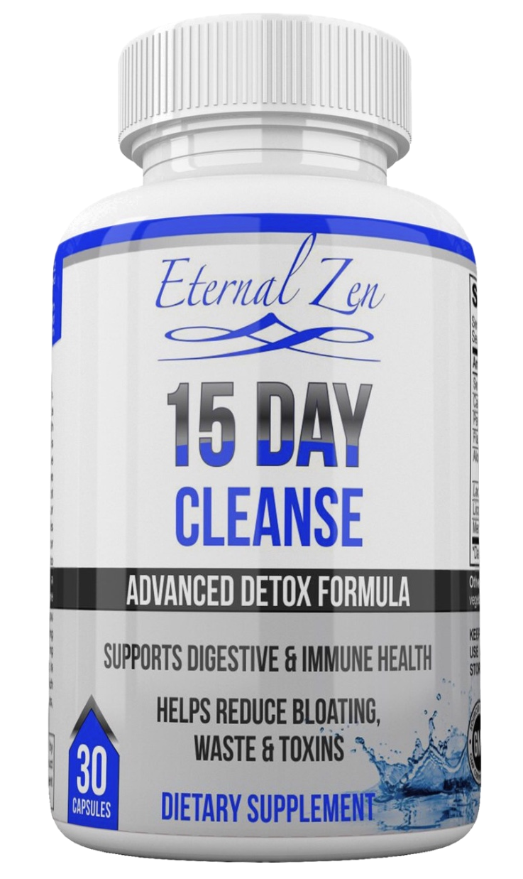 A white plastic bottle of Eternal Zen 15 Day Cleanse dietary supplement with a white cap, featuring a white label with blue and black text and graphics.