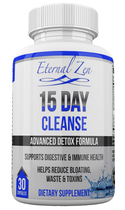 A white plastic bottle of Eternal Zen 15 Day Cleanse dietary supplement with a white cap, featuring a white label with blue and black text and graphics.