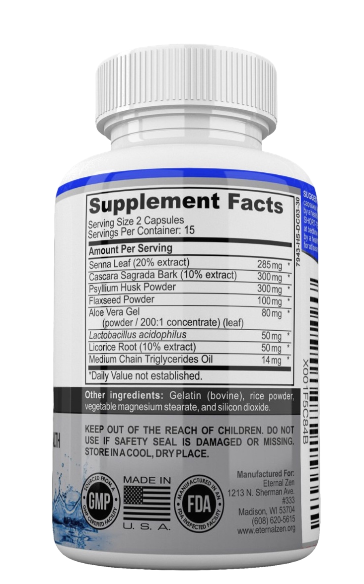A white plastic bottle of dietary supplement capsules shown from the back, featuring a detailed supplement facts label with blue accents, GMP and FDA seals, and a white cap.