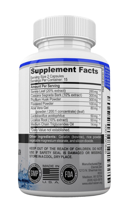 A white plastic bottle of dietary supplement capsules shown from the back, featuring a detailed supplement facts label with blue accents, GMP and FDA seals, and a white cap.