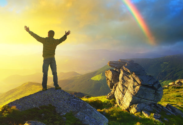 Rainbow Sunshine Man on Mountain Overcome Obstacles With Positive Healthy Choices for a Healthier Tomorrow