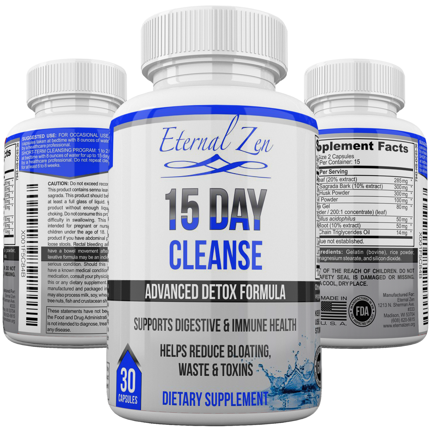 Image of three white bottles with blue accents, describing an herbal supplement.