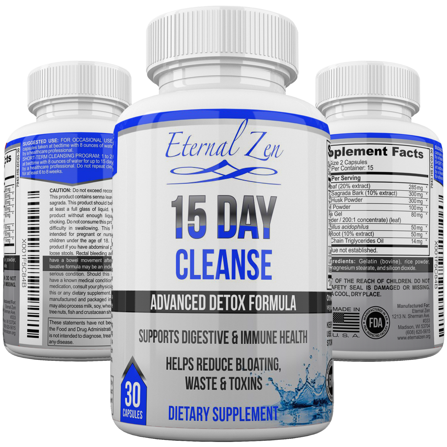 Image of three white bottles with blue accents, describing an herbal supplement.