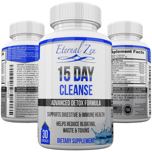 Image of three white bottles with blue accents, describing an herbal supplement.